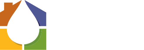 Logo for Four Seasons Plumbing, featuring a house shape with sections in orange, blue, yellow, and green, a water drop, and the number 4 inside. Text reads "FOUR SEASONS PLUMBING.