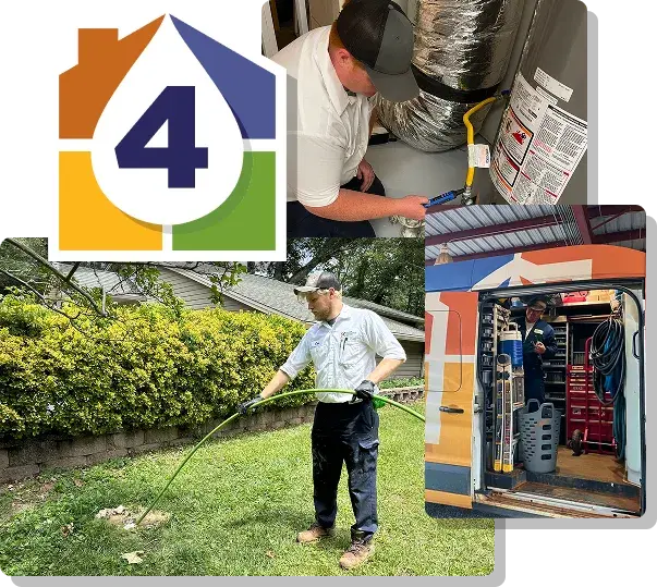 Collage showing a logo with the number 4, a technician working on HVAC equipment, another using a hose outside, and a person organizing tools in a service van.