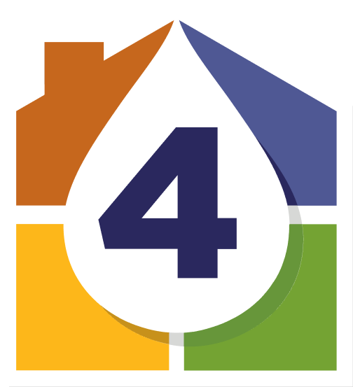 A stylized number 4 inside a droplet shape, overlaid on a four-sectioned house icon in orange, blue, yellow, and green.