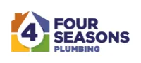 Logo for Four Seasons Plumbing featuring a house icon divided into four colored sections with a water droplet containing the number 4, next to the company name in bold blue text.