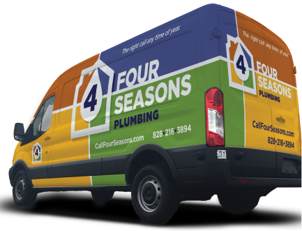A Four Seasons Plumbing van with a colorful wrap displaying the company name, website, phone number, and slogan parked on a white background.