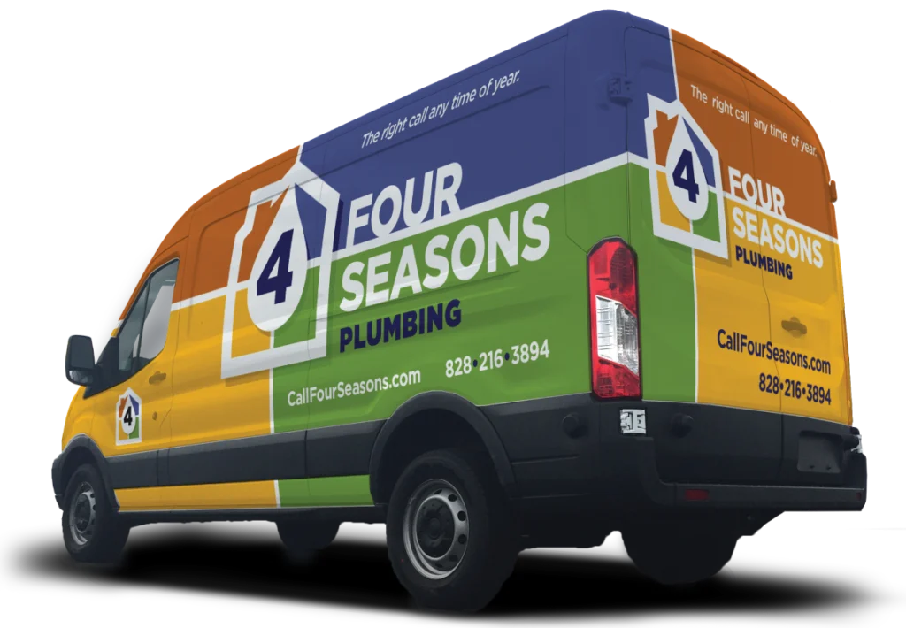 A Four Seasons Plumbing van with a colorful orange, yellow, green, and blue design, company logo, contact number, and website on the side and rear.