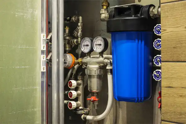Water quality treatment system featuring gauges, pipes, valves, and a large blue filter neatly installed in a utility cabinet.