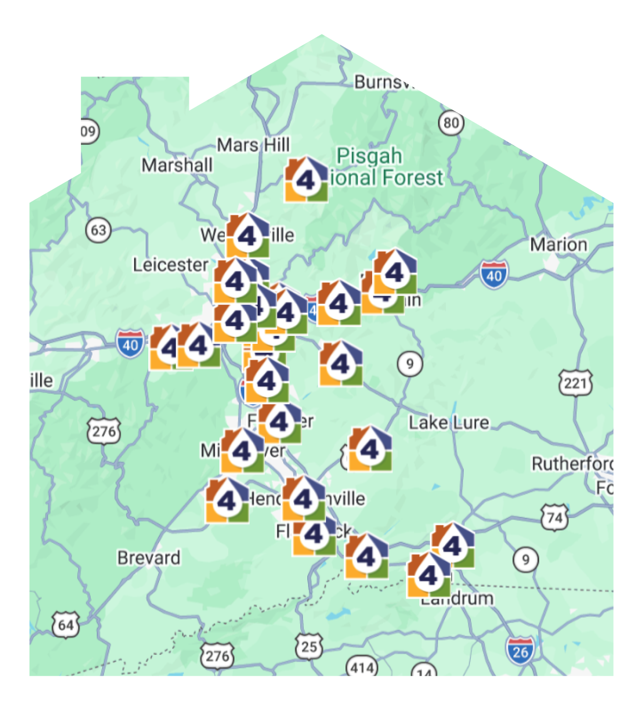A map of western North Carolina with multiple markers labeled “4” clustered around Asheville and Hendersonville.