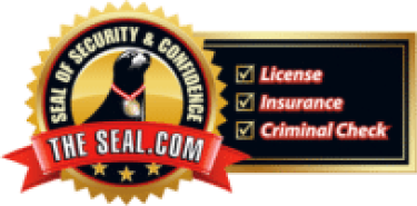 A gold and black seal with a cartoon seal, labeled "Seal of Security & Confidence," and a checklist for license, insurance, and criminal check.