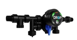 Black DROP-branded water valve with multiple pipe connectors and adjustment knobs, shown against a white background.