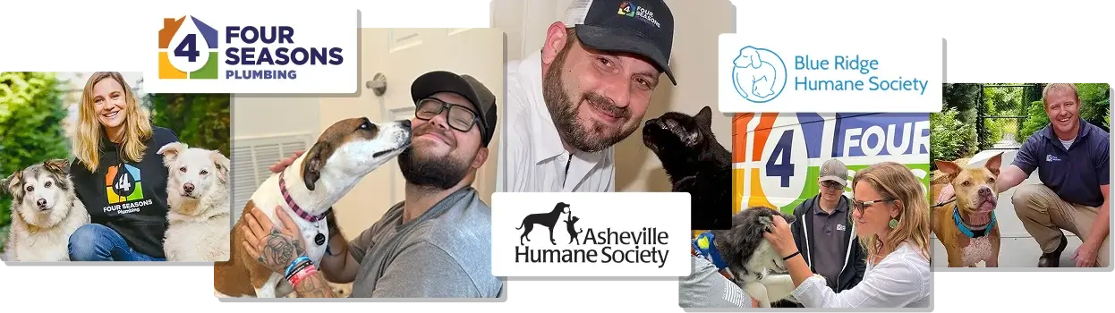 Collage of people from Four Seasons Plumbing with dogs and cats, featuring logos of Four Seasons Plumbing, Asheville Humane Society, and Blue Ridge Humane Society.