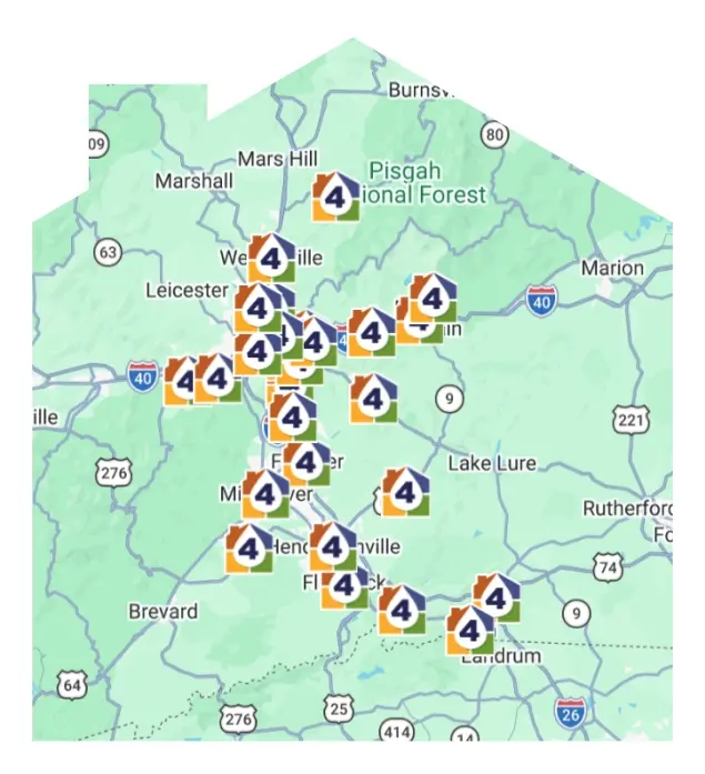 A map of western North Carolina displays multiple icons labeled with the number 4, clustered around Asheville, Hendersonville, and surrounding areas.