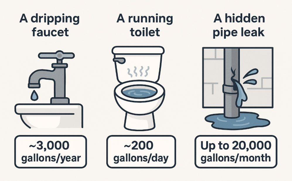 Illustration comparing water waste: a dripping faucet (~3,000 gallons/year), a running toilet (~200 gallons/day), and a hidden pipe leak (up to 20,000 gallons/month)—all reasons your water bill is high.