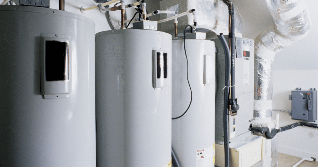 Three large water heaters and a furnace with insulated ductwork are installed in a utility room with white walls and ceiling.