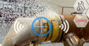 %Title% | Four Seasons Plumbing A water hose with a visible leak sprays water, while digital icons and the word "Leaking" highlight the issue.
