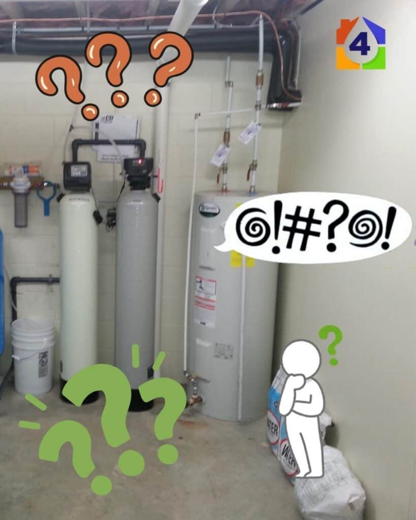 Blurry image of a basement with water filtration tanks, a water heater, pipes, and cartoon question marks and symbols overlayed, suggesting confusion.